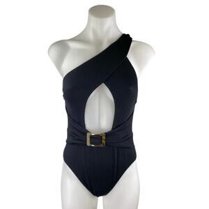 River Island Black Sleeveless One Shoulder Cutout Buckle One piece Swimsuit Sz 8
